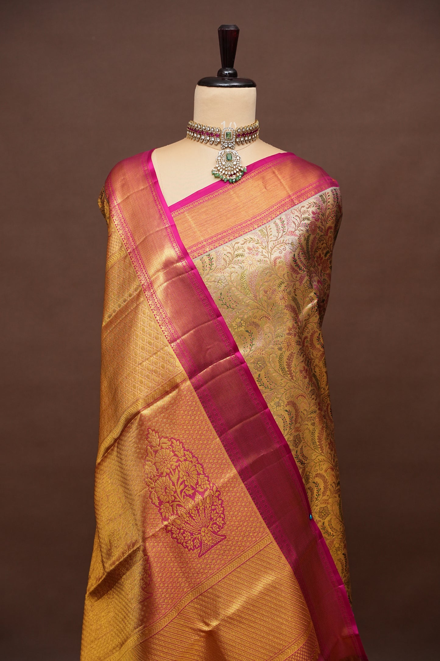 Beige Gold & Pink Pure Tissue Kanchipuram Silk Saree|Silk Mark Certified