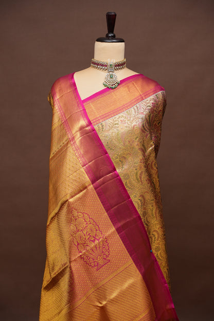 Beige Gold & Pink Pure Tissue Kanchipuram Silk Saree|Silk Mark Certified