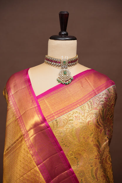 Beige Gold & Pink Pure Tissue Kanchipuram Silk Saree|Silk Mark Certified