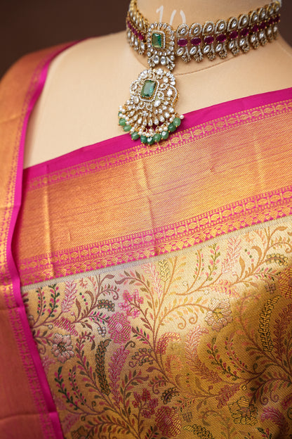 Beige Gold & Pink Pure Tissue Kanchipuram Silk Saree|Silk Mark Certified