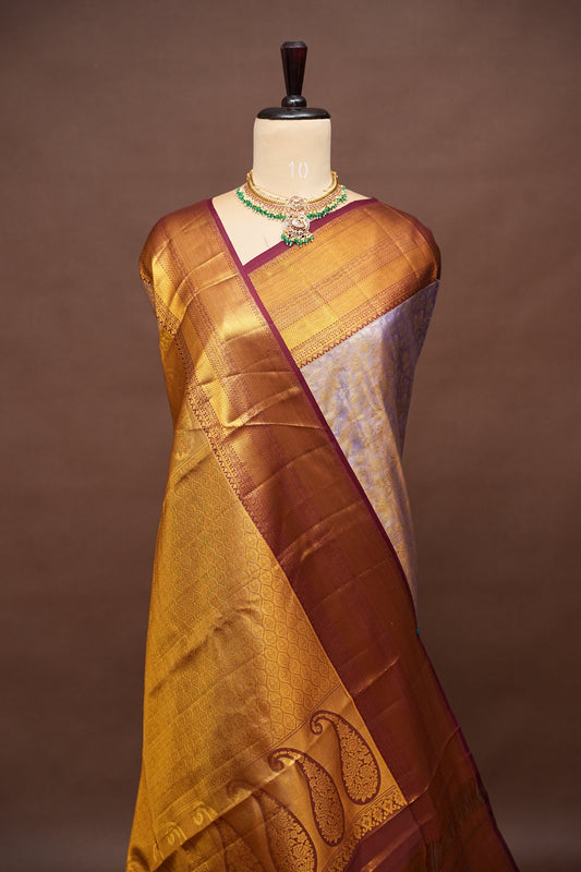 Lilac Purple & Deep Red Pure Tissue Kanchipuram Silk Saree|Silk Mark Certified