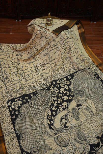 Pure Bangalore Silk Saree with Monochrome Hand-Painted Kalamkari & Nizam Border – Ivory & Black
