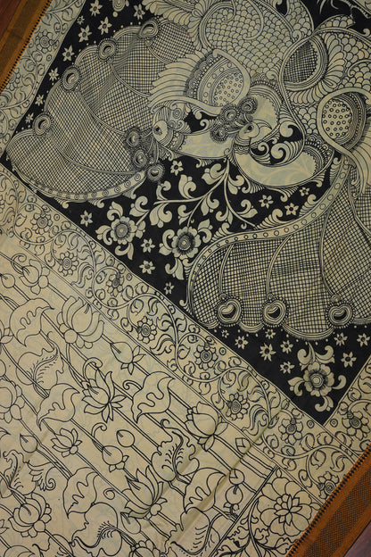 Pure Bangalore Silk Saree with Monochrome Hand-Painted Kalamkari & Nizam Border – Ivory & Black