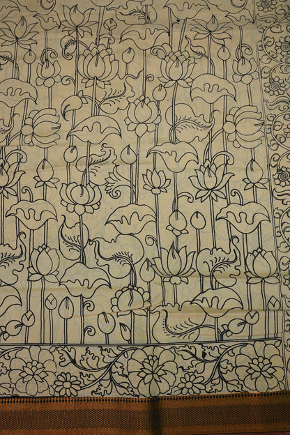Pure Bangalore Silk Saree with Monochrome Hand-Painted Kalamkari & Nizam Border – Ivory & Black