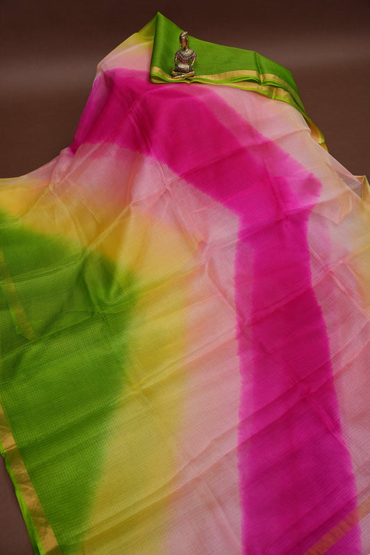 Silk Kota Multicolor Saree - Lime Green, Peach & Pink Blend