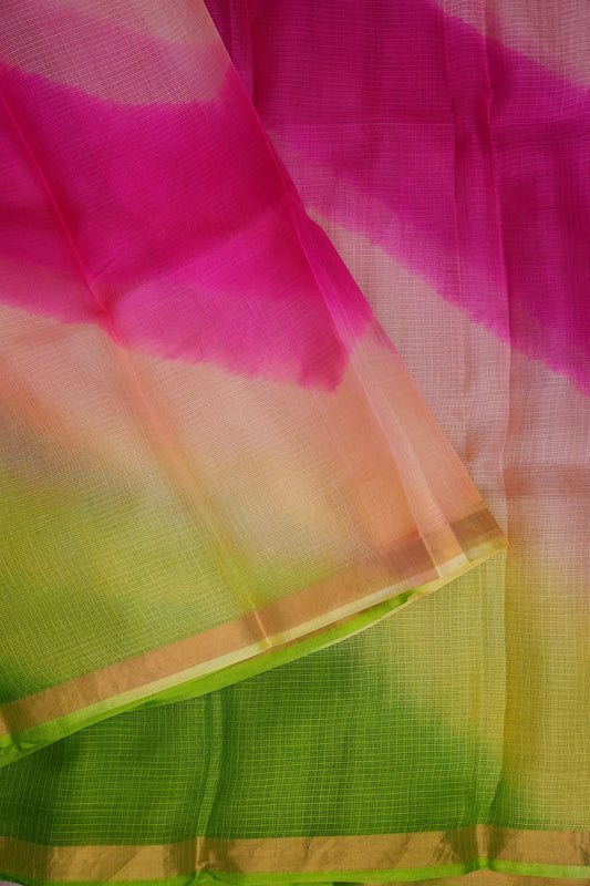Silk Kota Multicolor Saree - Lime Green, Peach & Pink Blend