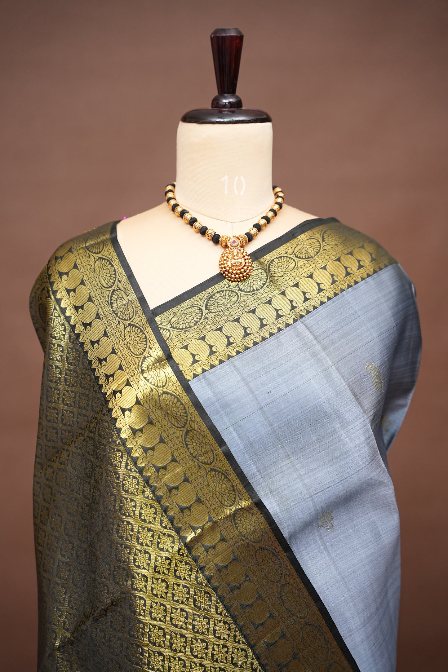 Grey & Black Pure Kanchipuram Silk Saree|Silk Mark Certified