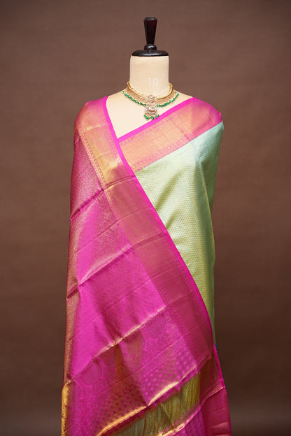 Pastel Mint Green & Hot Pink Pure Tissue Kanchipuram Silk Saree|Silk Mark Certified