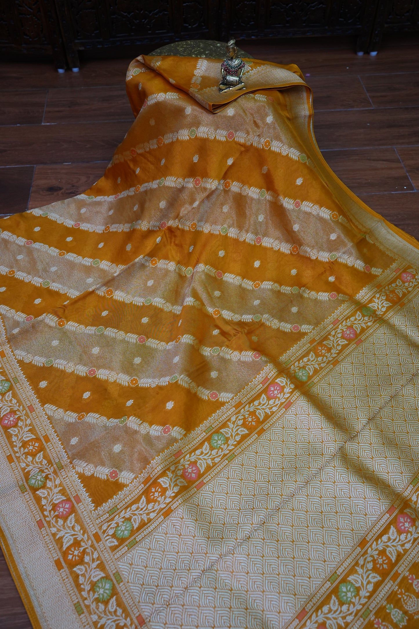 Mellow Tissue & Banarasi Fusion Saree with Meenakari Detailing – Mustard Gold