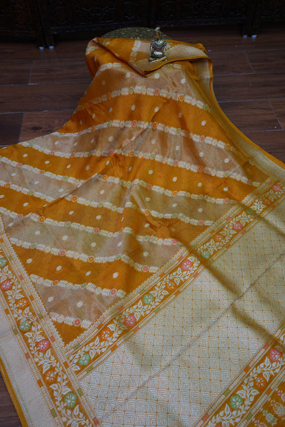 Mellow Tissue & Banarasi Fusion Saree with Meenakari Detailing – Mustard Gold