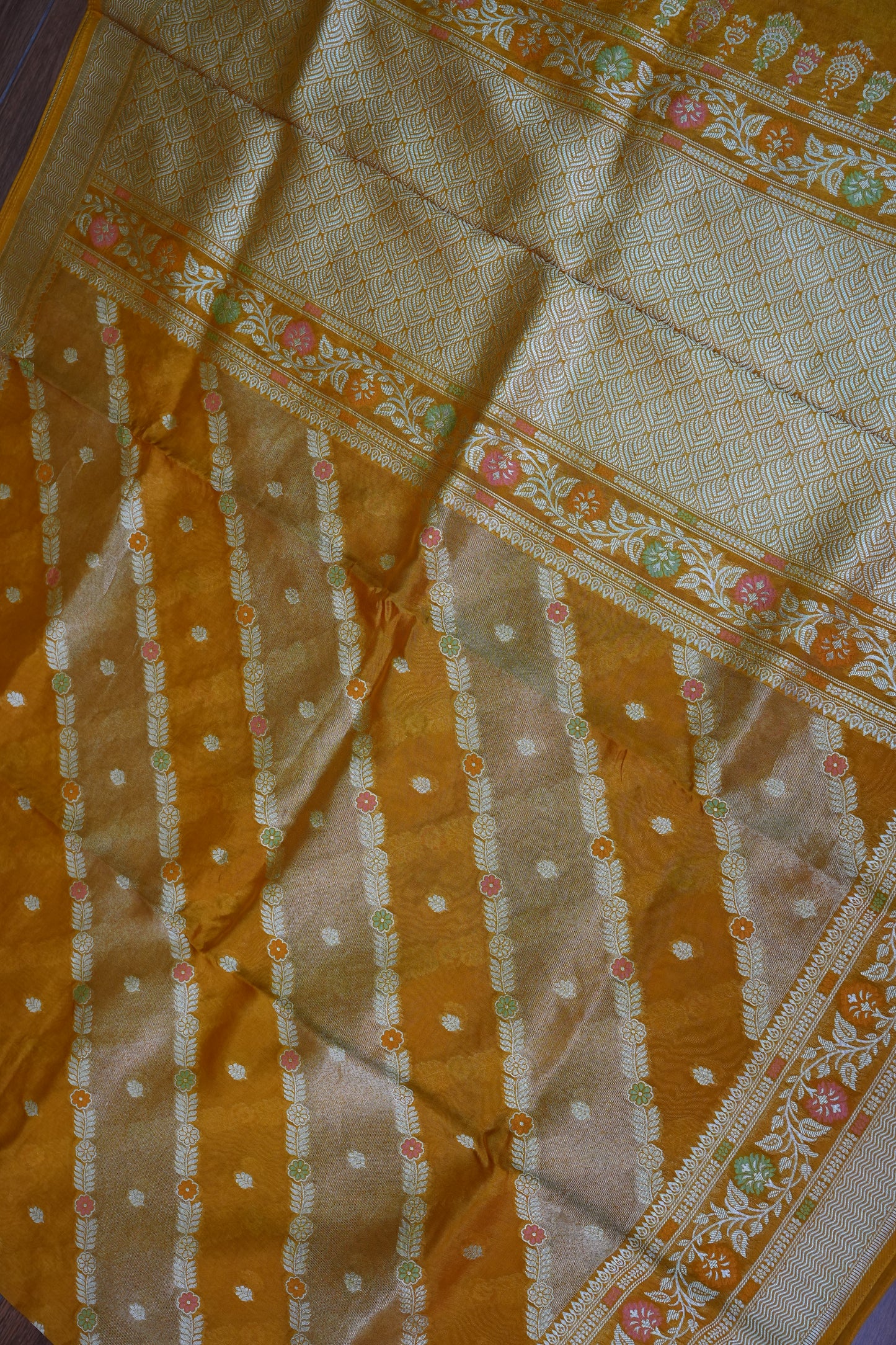 Mellow Tissue & Banarasi Fusion Saree with Meenakari Detailing – Mustard Gold