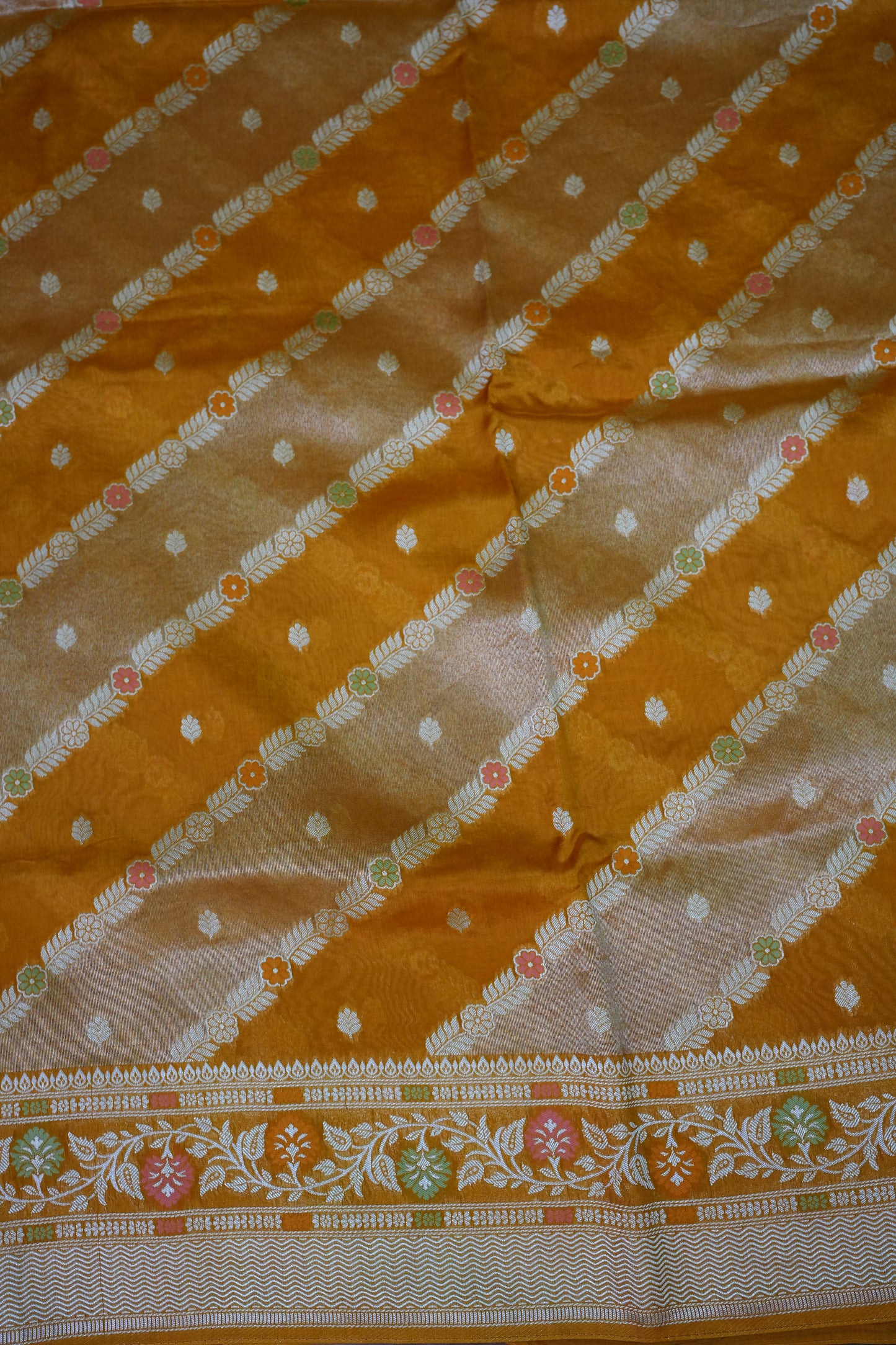 Mellow Tissue & Banarasi Fusion Saree with Meenakari Detailing – Mustard Gold
