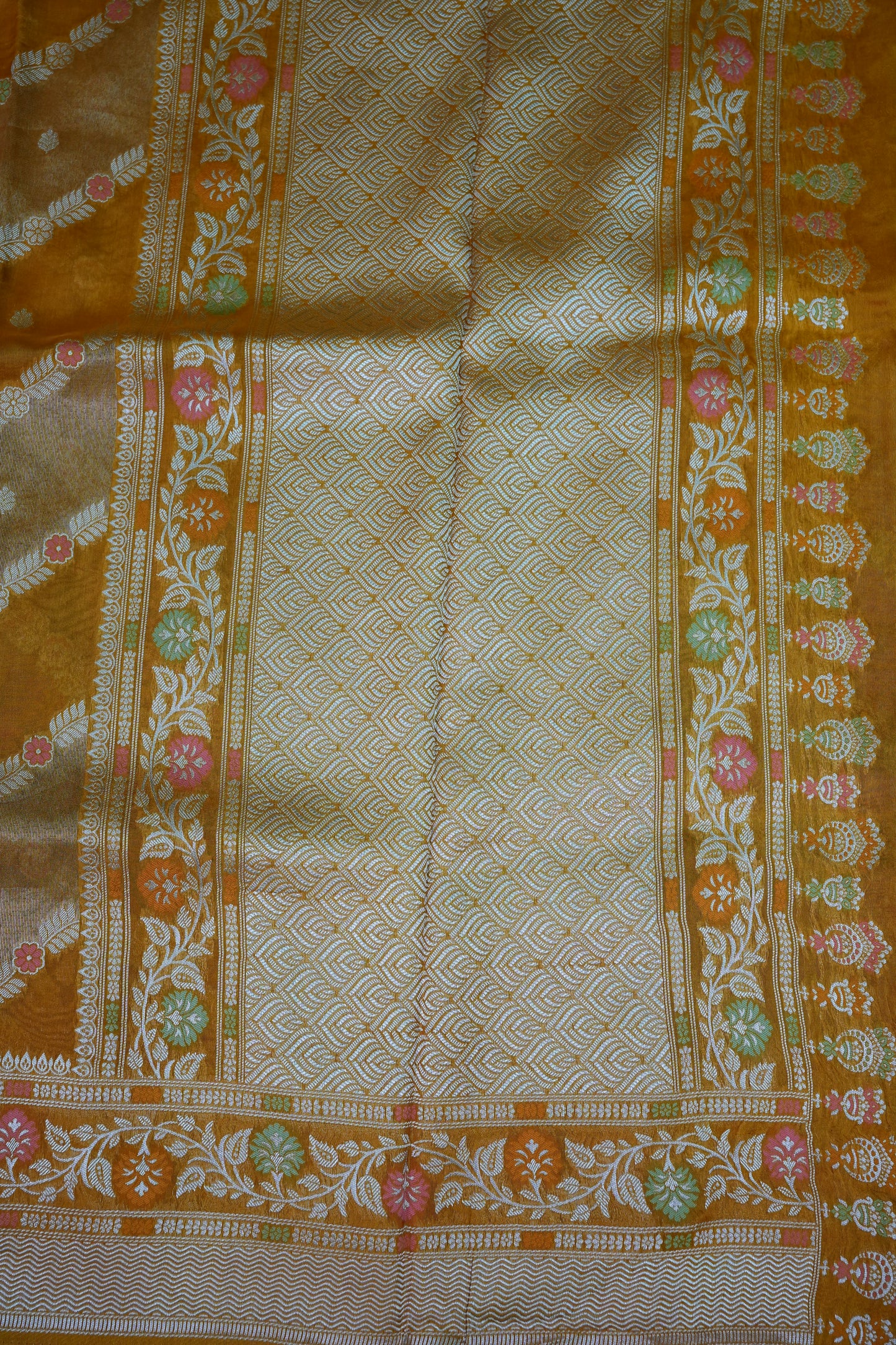 Mellow Tissue & Banarasi Fusion Saree with Meenakari Detailing – Mustard Gold