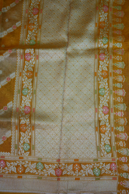 Mellow Tissue & Banarasi Fusion Saree with Meenakari Detailing – Mustard Gold