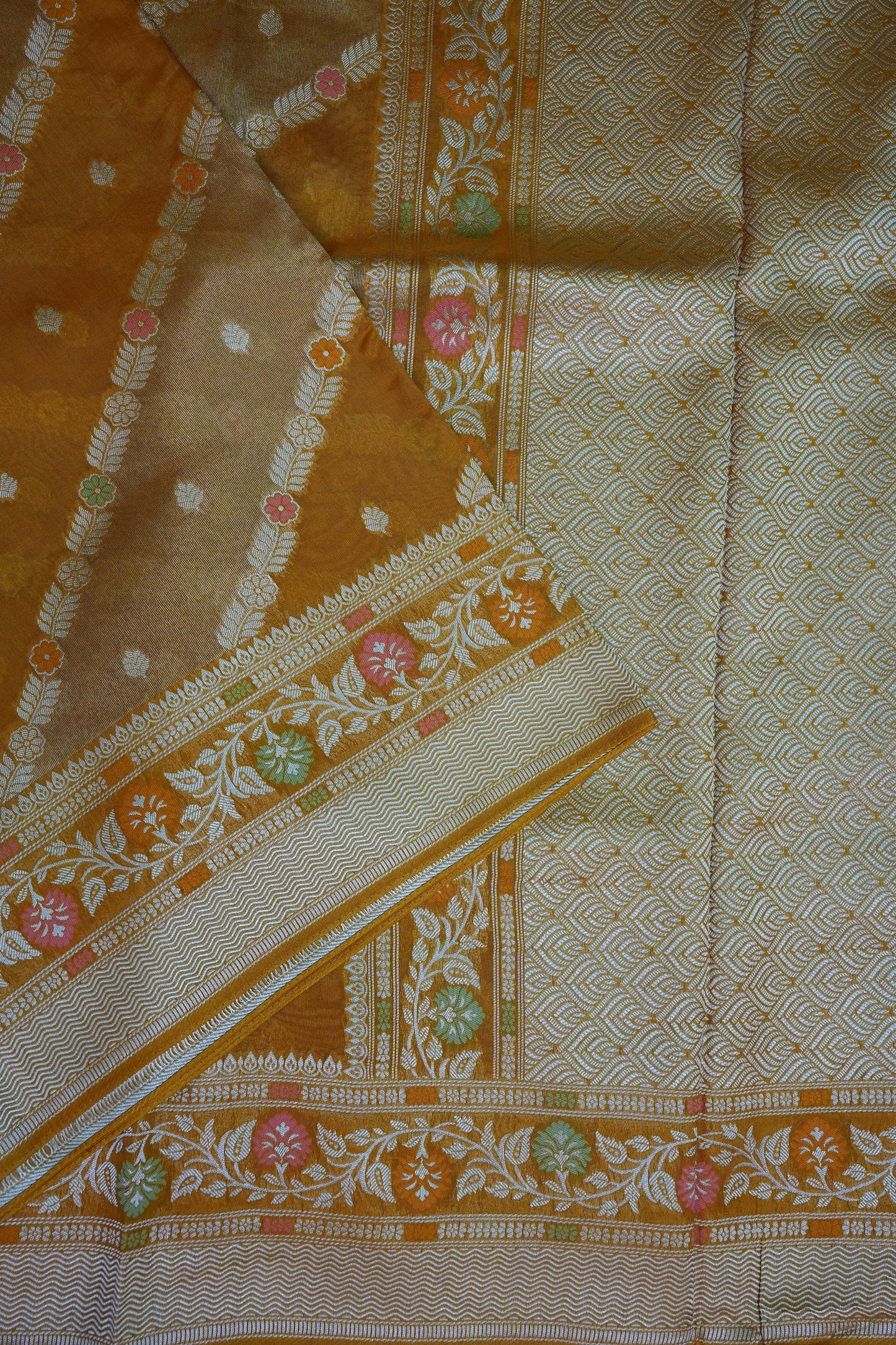 Mellow Tissue & Banarasi Fusion Saree with Meenakari Detailing – Mustard Gold