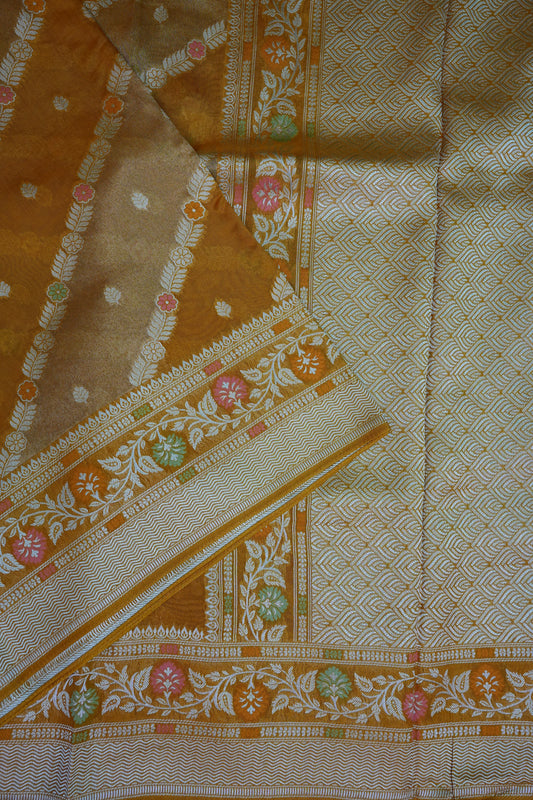 Mellow Tissue & Banarasi Fusion Saree with Meenakari Detailing – Mustard Gold