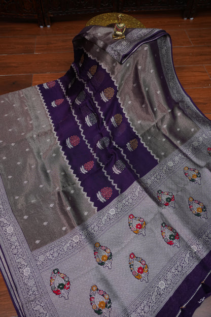 Mellow Tissue & Banarasi Fusion Saree with Meenakari Detailing – Deep Purple & Silver