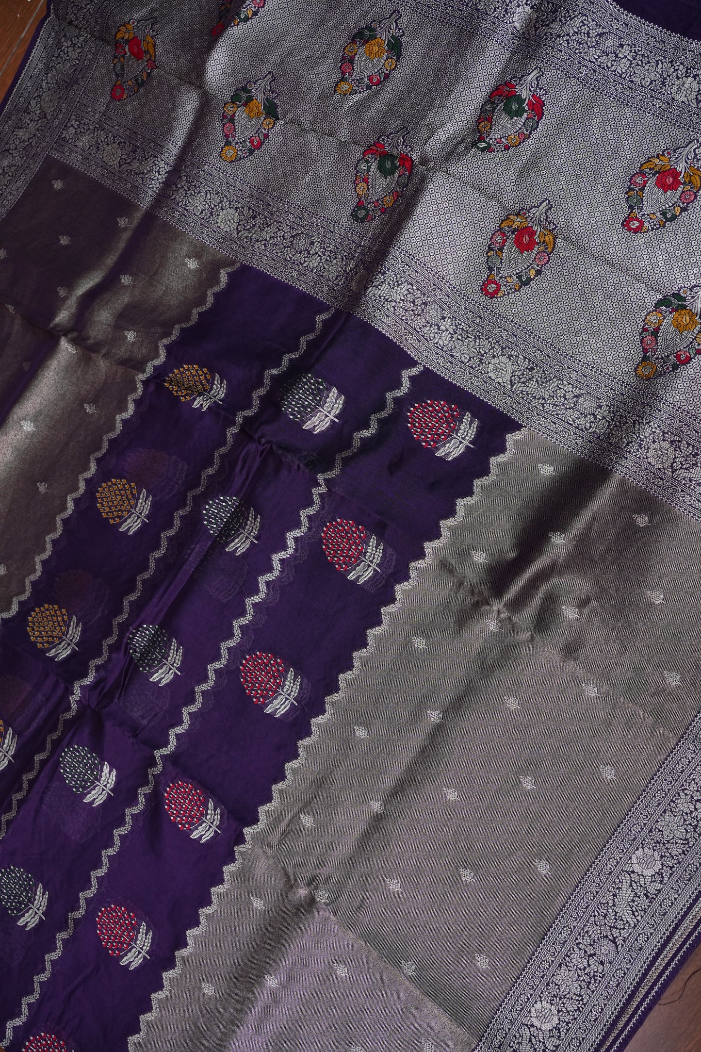 Mellow Tissue & Banarasi Fusion Saree with Meenakari Detailing – Deep Purple & Silver
