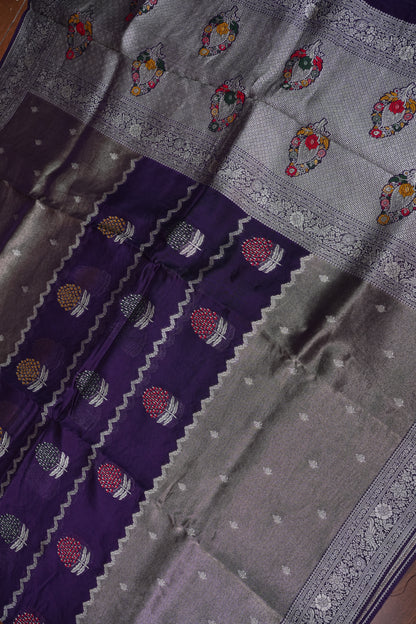 Mellow Tissue & Banarasi Fusion Saree with Meenakari Detailing – Deep Purple & Silver