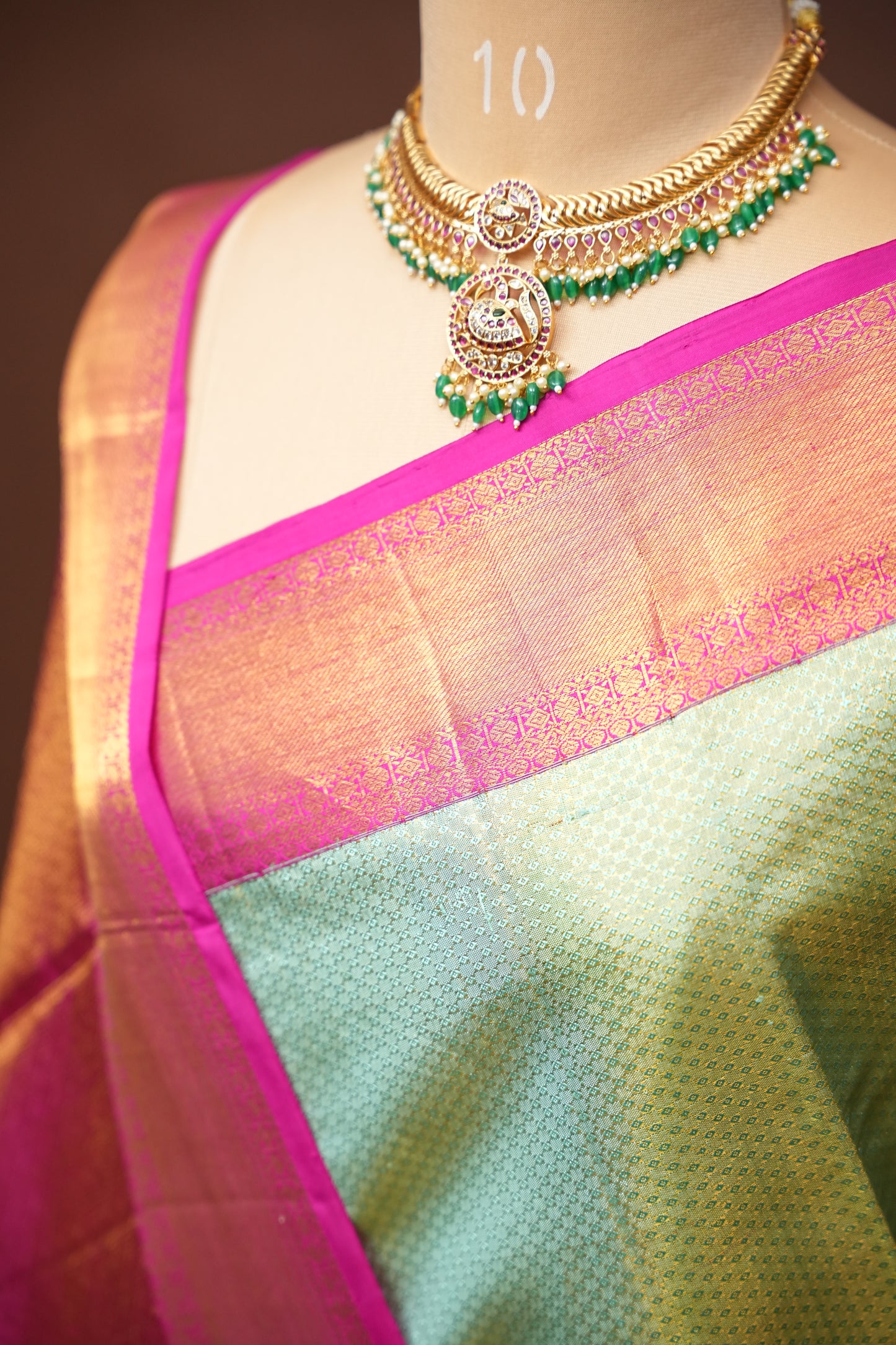 Pastel Mint Green & Hot Pink Pure Tissue Kanchipuram Silk Saree|Silk Mark Certified