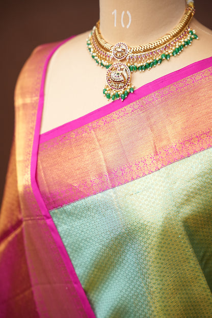 Pastel Mint Green & Hot Pink Pure Tissue Kanchipuram Silk Saree|Silk Mark Certified