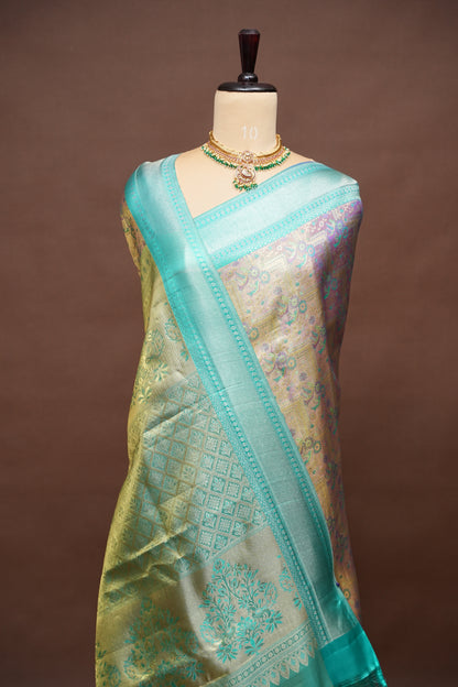 Purplish Gold & Peacock Teal Pure Tissue Kanchipuram Silk Saree |Silk Mark Certified