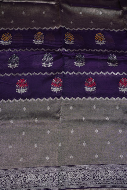 Mellow Tissue & Banarasi Fusion Saree with Meenakari Detailing – Deep Purple & Silver