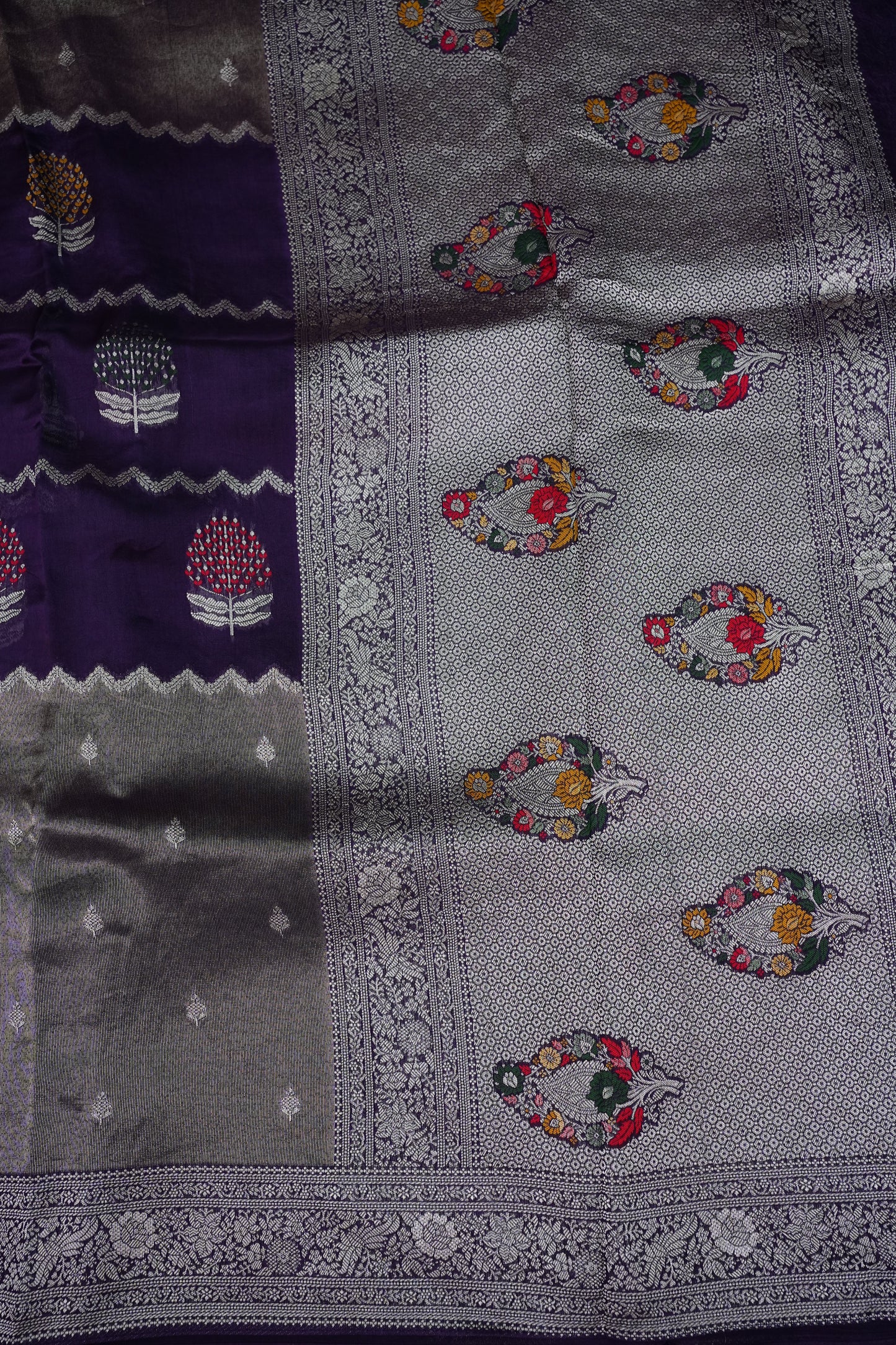 Mellow Tissue & Banarasi Fusion Saree with Meenakari Detailing – Deep Purple & Silver