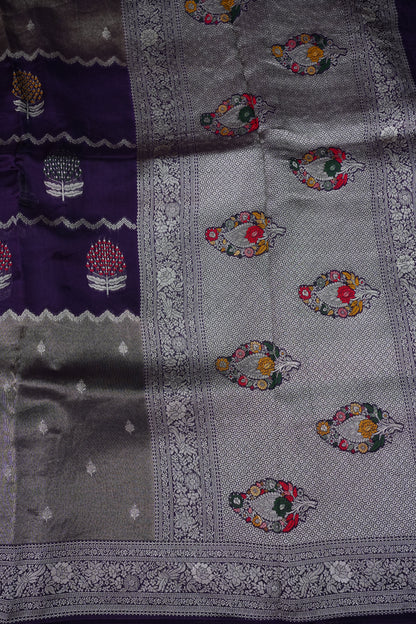 Mellow Tissue & Banarasi Fusion Saree with Meenakari Detailing – Deep Purple & Silver