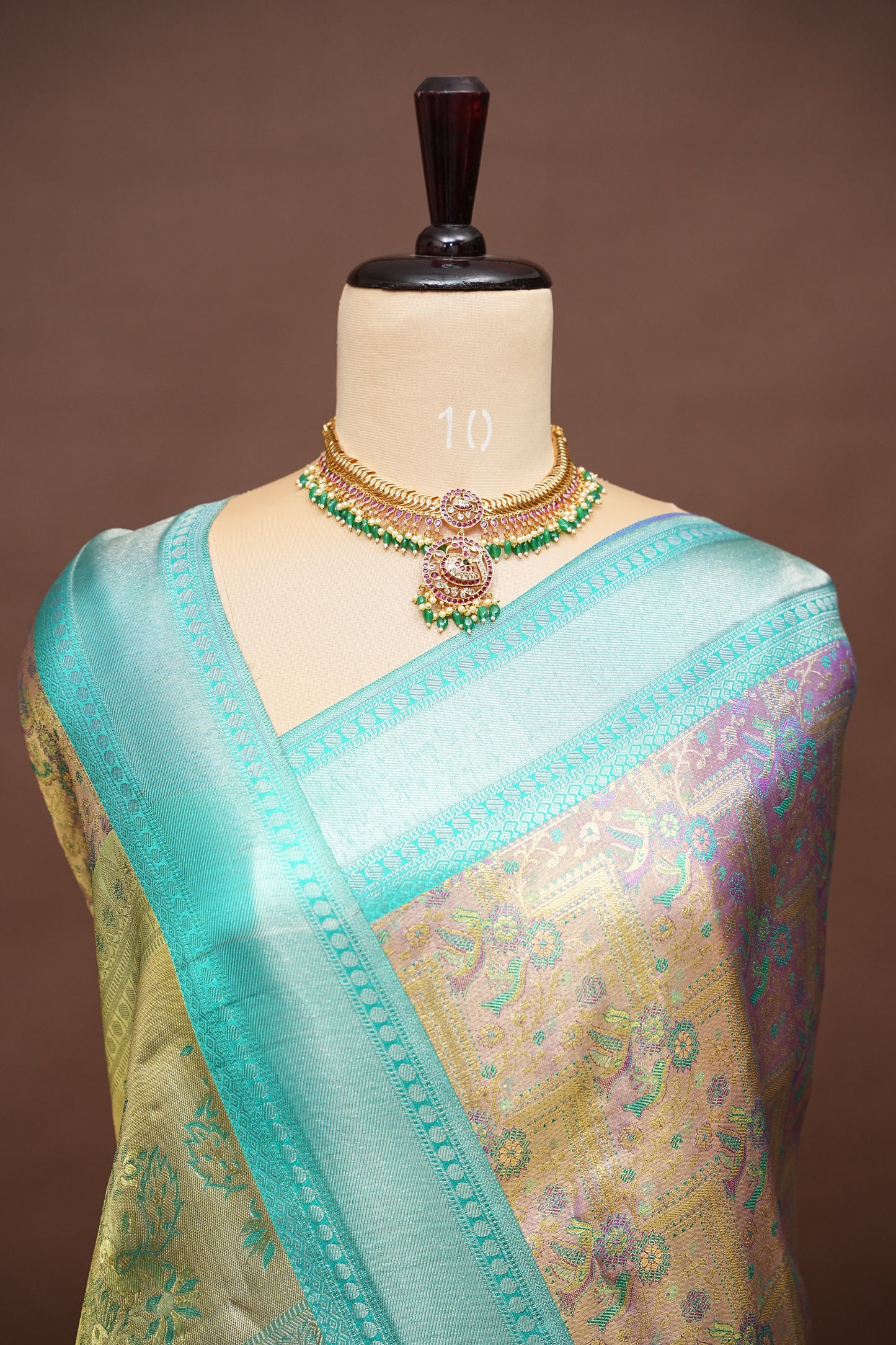 Purplish Gold & Peacock Teal Pure Tissue Kanchipuram Silk Saree |Silk Mark Certified