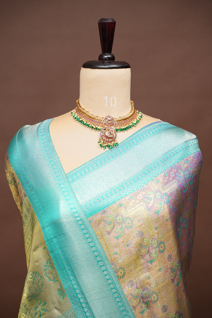Purplish Gold & Peacock Teal Pure Tissue Kanchipuram Silk Saree |Silk Mark Certified