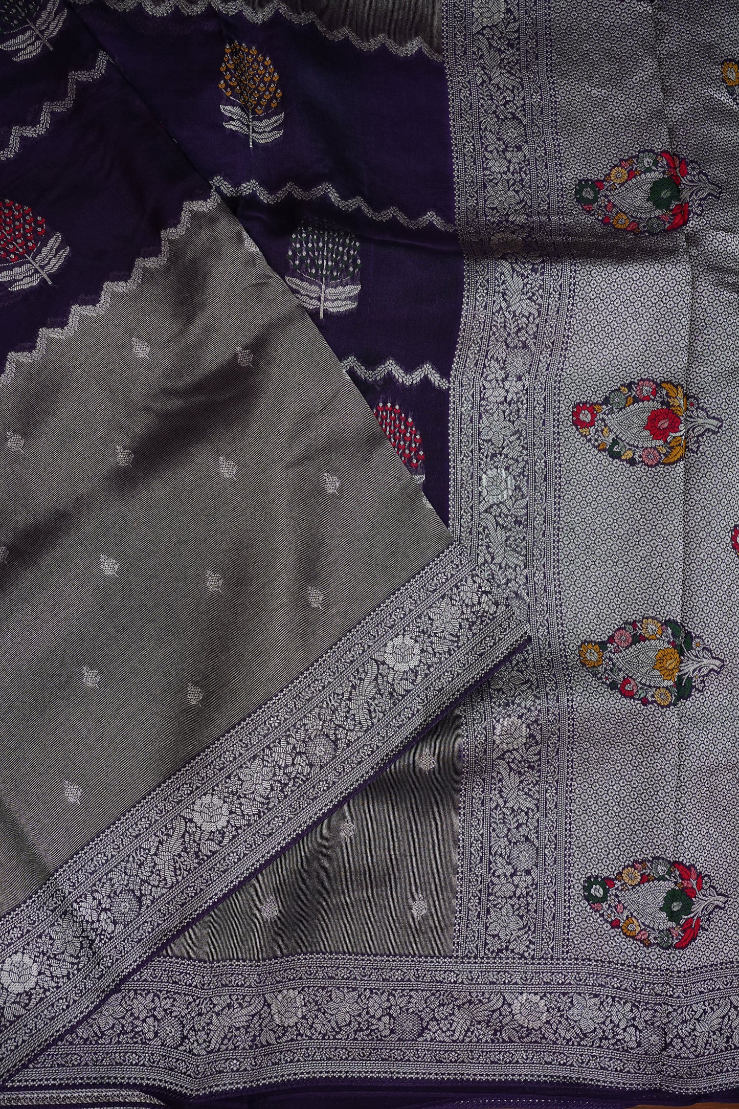Mellow Tissue & Banarasi Fusion Saree with Meenakari Detailing – Deep Purple & Silver