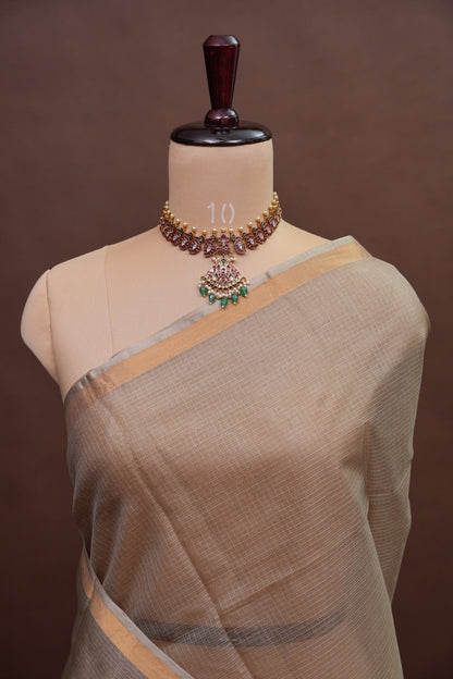 Silk Kota Plain Saree - Sand Beige