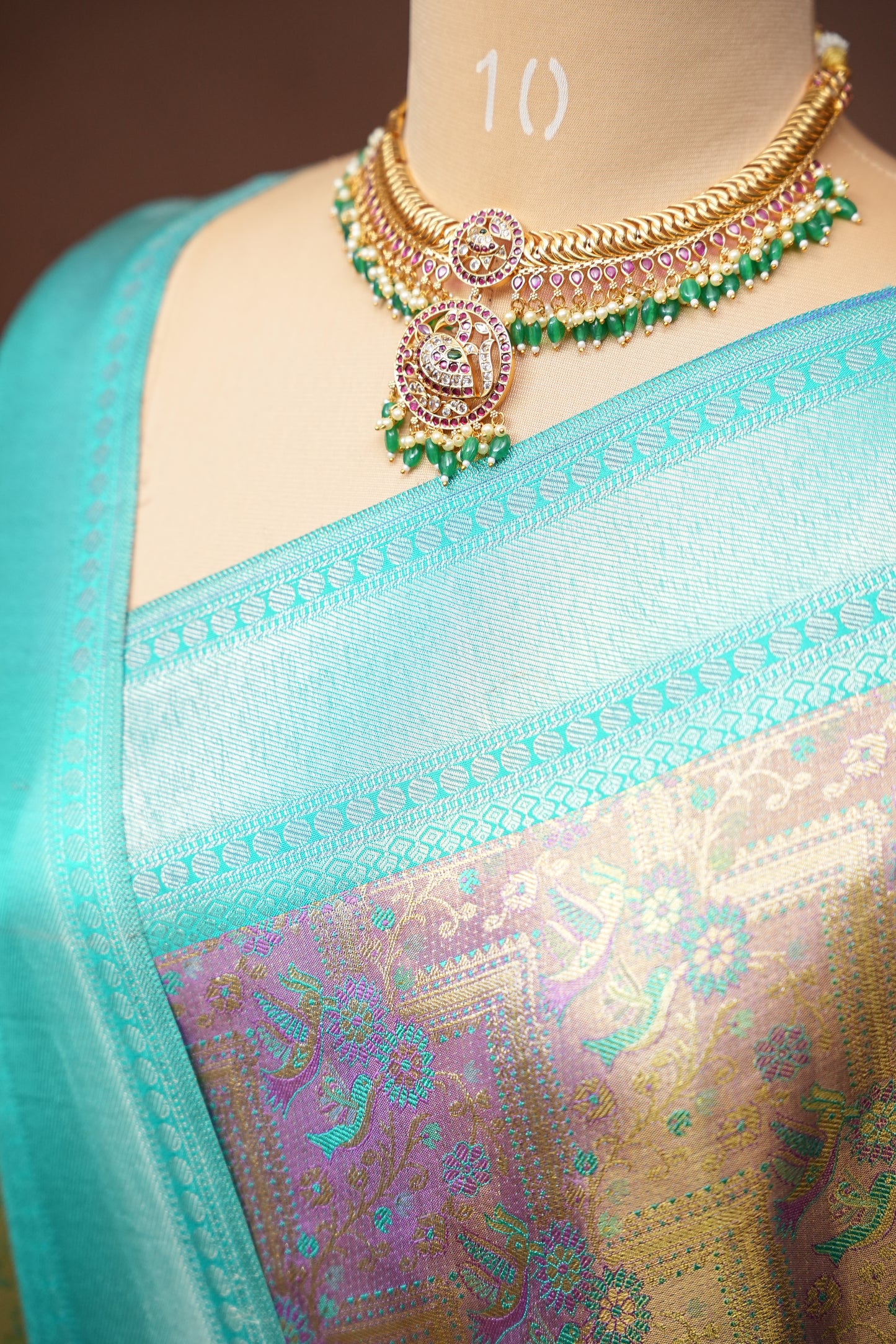 Purplish Gold & Peacock Teal Pure Tissue Kanchipuram Silk Saree |Silk Mark Certified