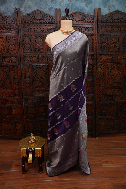 Mellow Tissue & Banarasi Fusion Saree with Meenakari Detailing – Deep Purple & Silver
