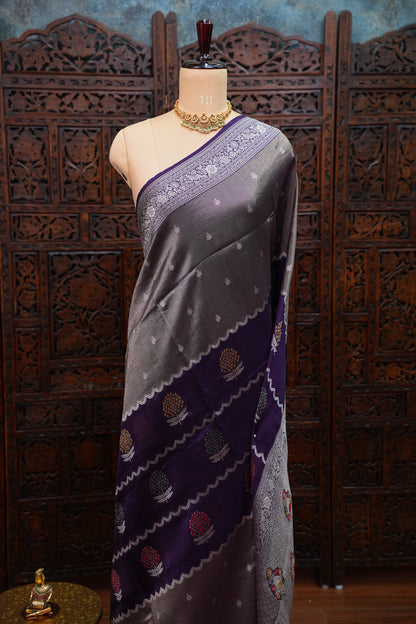 Mellow Tissue & Banarasi Fusion Saree with Meenakari Detailing – Deep Purple & Silver