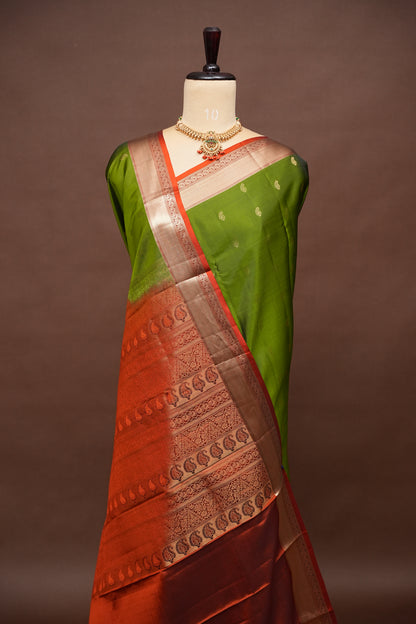 Oliver Green & Rust Pure Soft Silk Saree|Silk Mark Certified