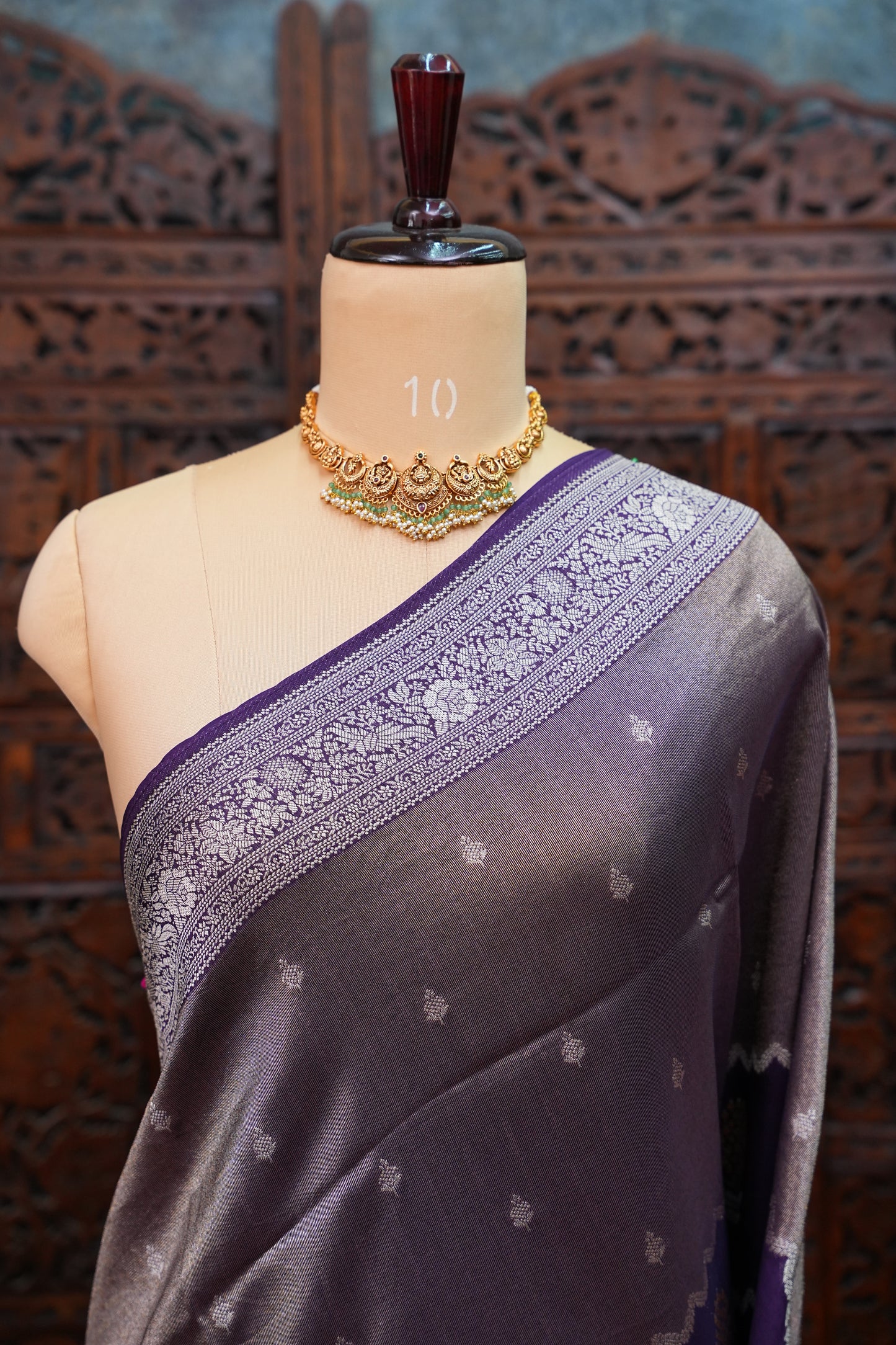 Mellow Tissue & Banarasi Fusion Saree with Meenakari Detailing – Deep Purple & Silver