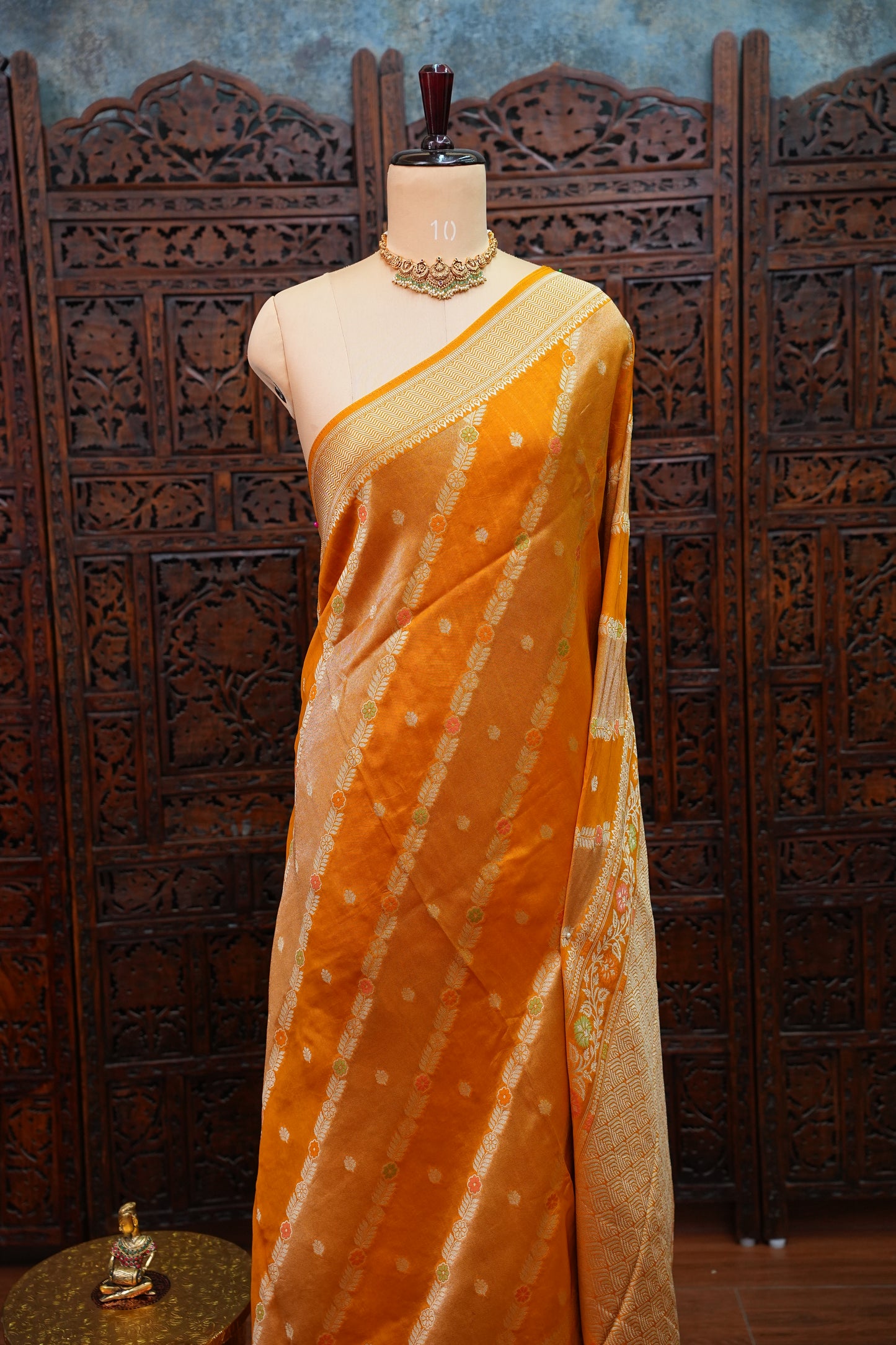Mellow Tissue & Banarasi Fusion Saree with Meenakari Detailing – Mustard Gold