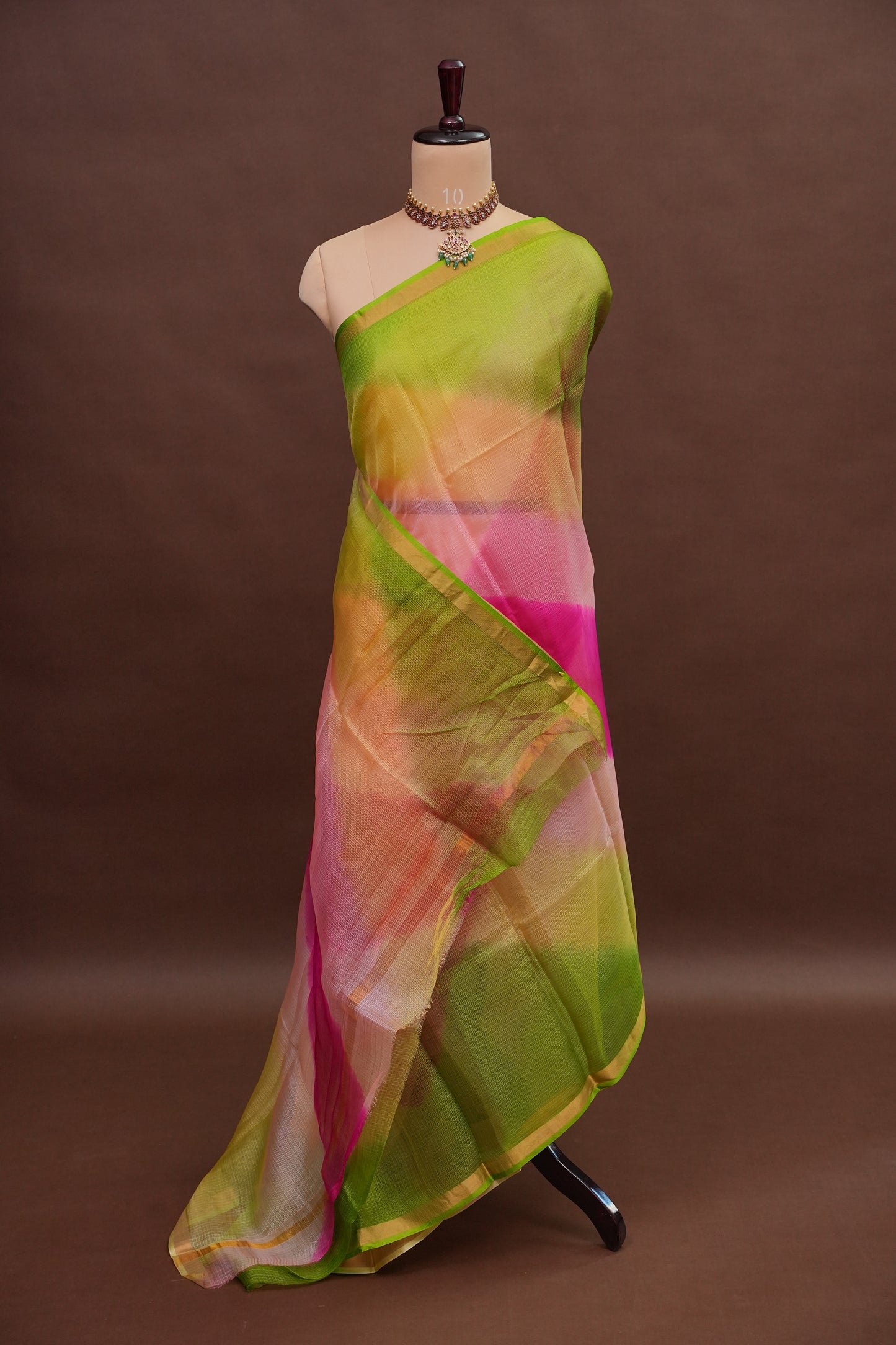 Silk Kota Multicolor Saree - Lime Green, Peach & Pink Blend