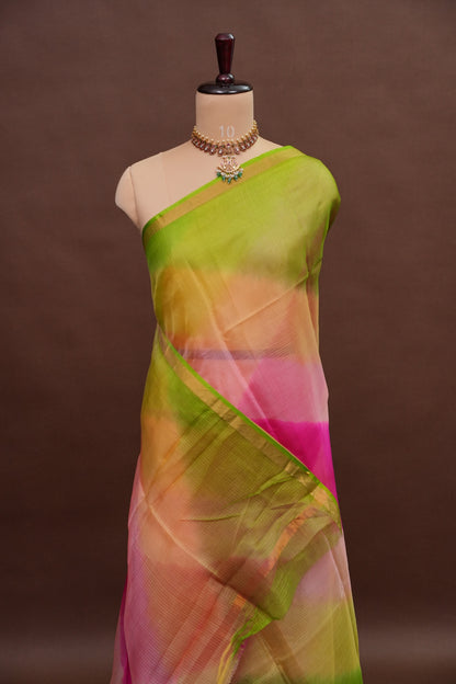 Silk Kota Multicolor Saree - Lime Green, Peach & Pink Blend