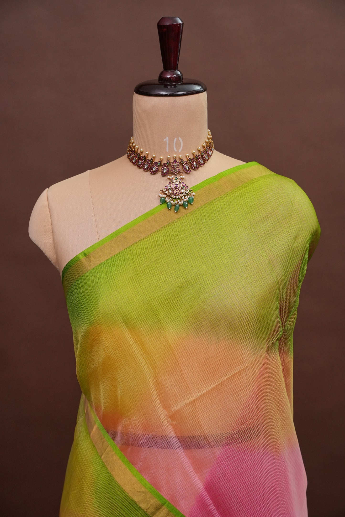 Silk Kota Multicolor Saree - Lime Green, Peach & Pink Blend