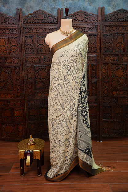 Pure Bangalore Silk Saree with Monochrome Hand-Painted Kalamkari & Nizam Border – Ivory & Black