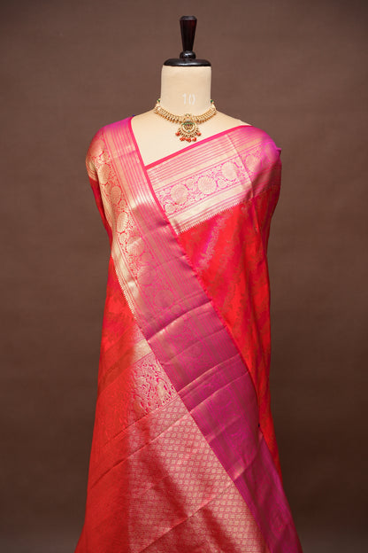Rangkat Collection|Red & Pink Pure Kanchipuram Silk Saree|Silk Mark Certified