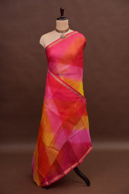Silk Kota Multicolor Saree - Pink, Orange and Yellow Blend