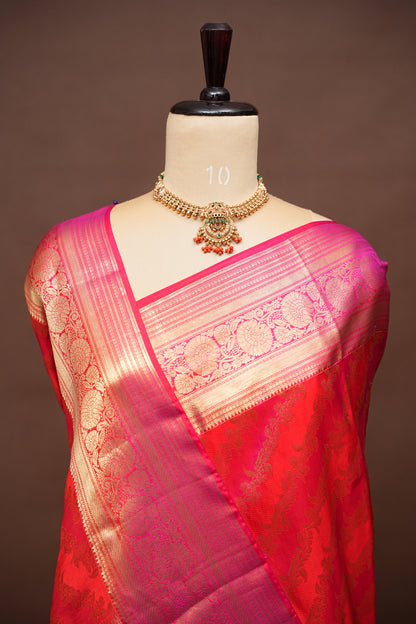 Rangkat Collection|Red & Pink Pure Kanchipuram Silk Saree|Silk Mark Certified