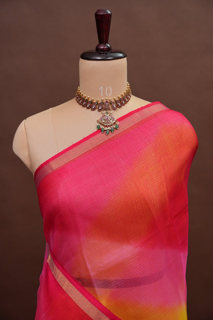 Silk Kota Multicolor Saree - Pink, Orange and Yellow Blend