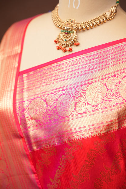 Rangkat Collection|Red & Pink Pure Kanchipuram Silk Saree|Silk Mark Certified