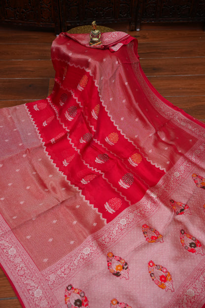 Mellow Tissue & Banarasi Fusion Saree with Meenakari Detailing – Crimson Red