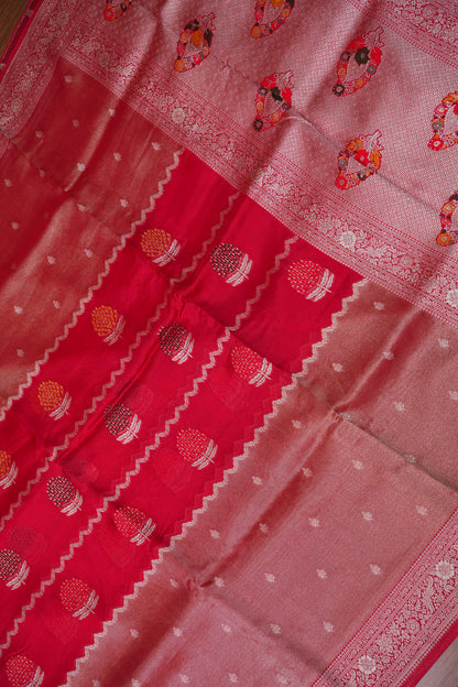 Mellow Tissue & Banarasi Fusion Saree with Meenakari Detailing – Crimson Red